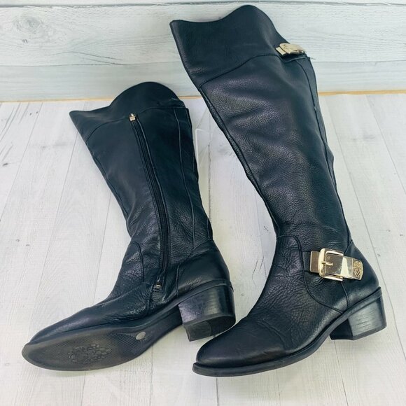Vince Camuto BOCCA Black Leather Buckles Zip Over Knee The Riding Boots Sz 6.5 - Picture 4 of 7